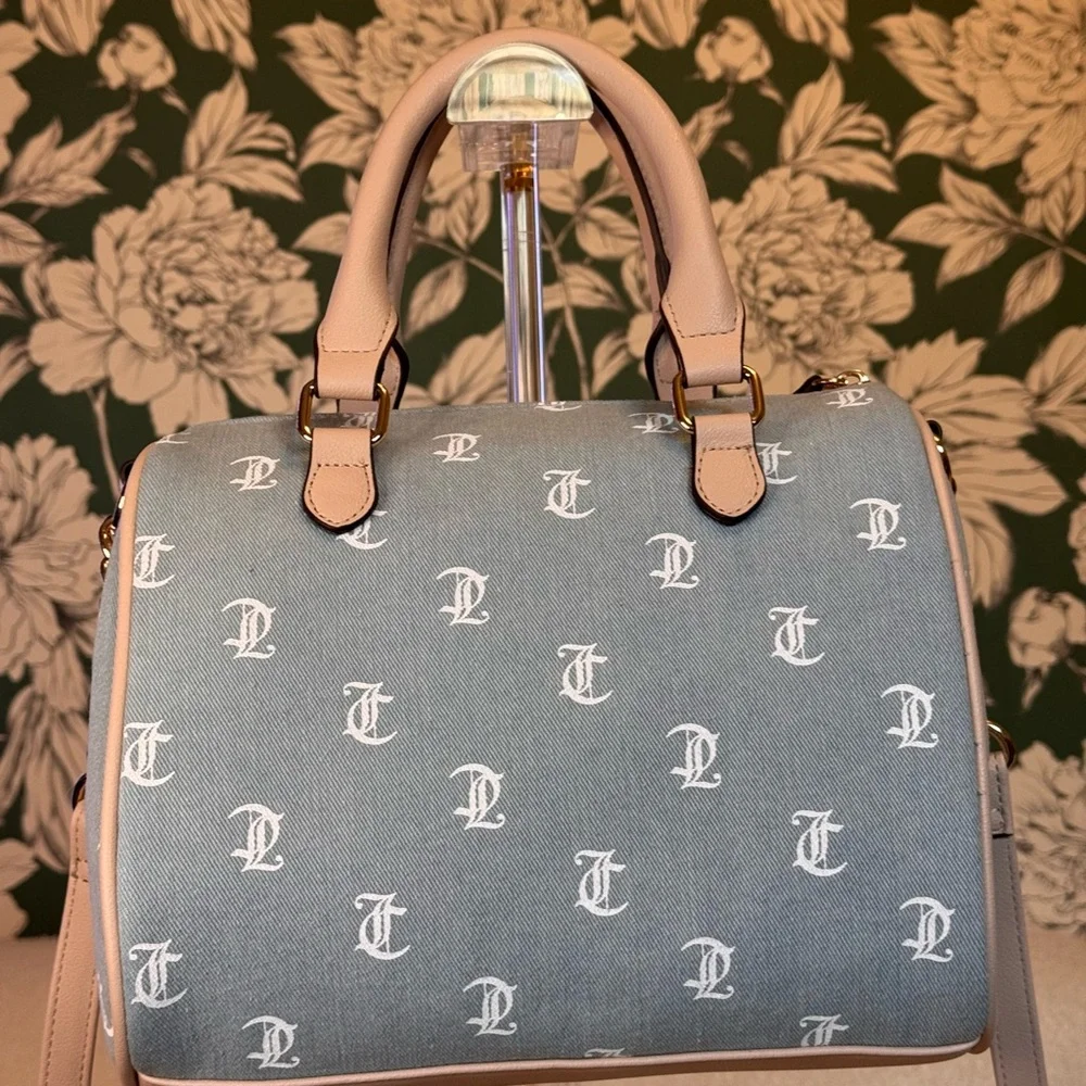 Juicy Couture Gray and Cream Satchel with Strawberry Charm and Gold Chain NWT